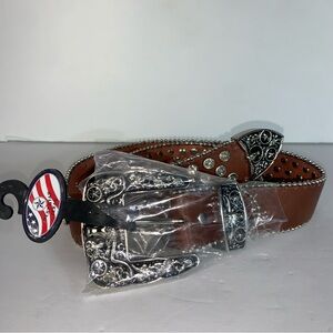 West Star Texas rhinestone leather belt brown size M womens